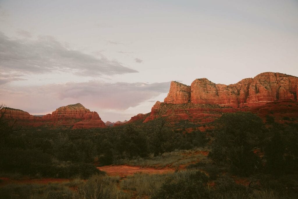Sedona Wedding Photographer || Jane in the Woods at Cathedral Rock Sunset for engagement photos